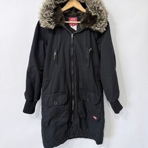 Miss Sixty Black Zip Front Parka Coat Size Medium Faux Fur Hood Pockets